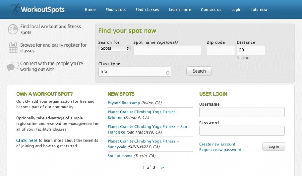 Homepage of Workout Spots