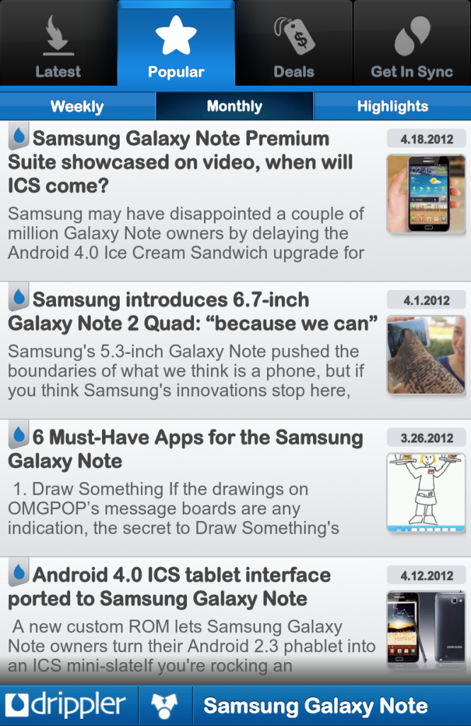 A screenshot of Drippler's new Android app